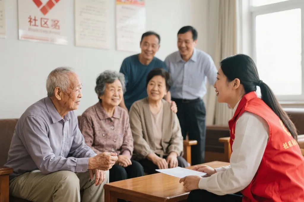 社区工作人员与老人交流，氛围理性